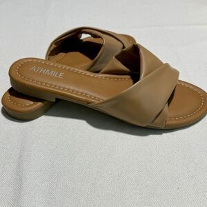 ATHMILE Womens Slide Sandals Size 7 Camel Brown Flat Memory Foam Summer Casual